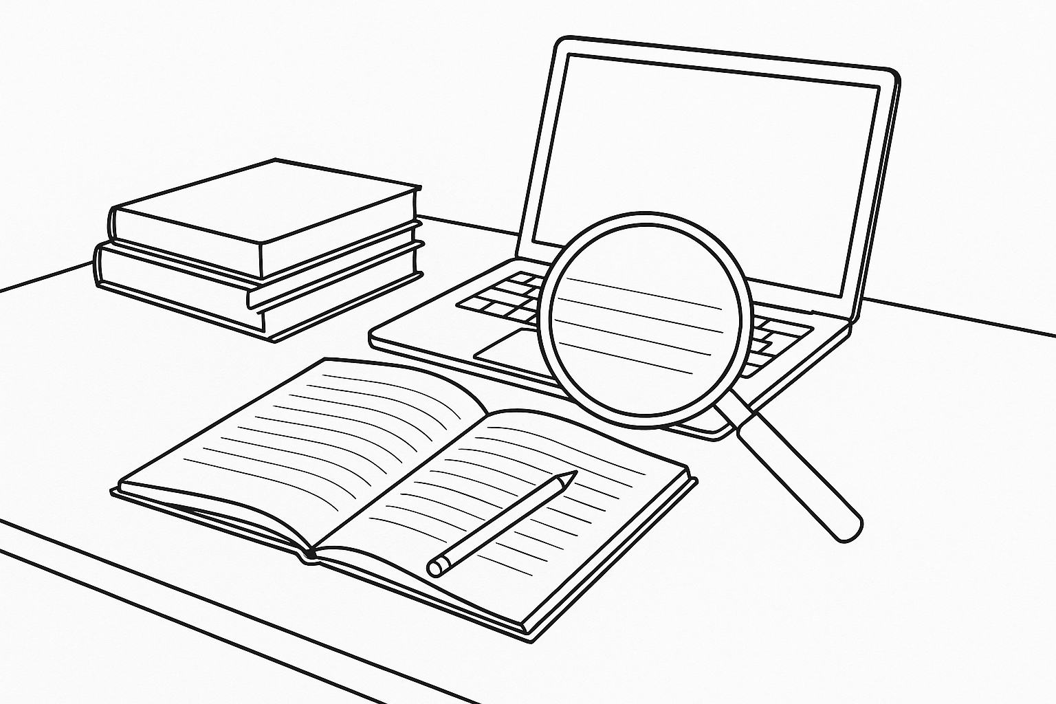 Line drawing of an open workbook, a stack of books, a laptop and a magnifying glass on a desk